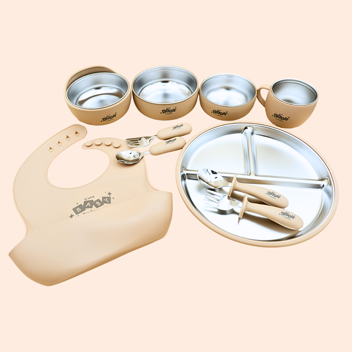 10pcs Stainless Steel Feeding Set With 23cm Plate