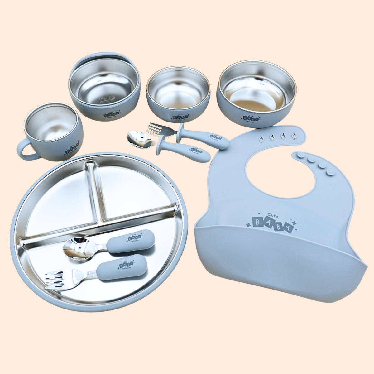 10pcs Stainless Steel Feeding Set With 23cm Plate