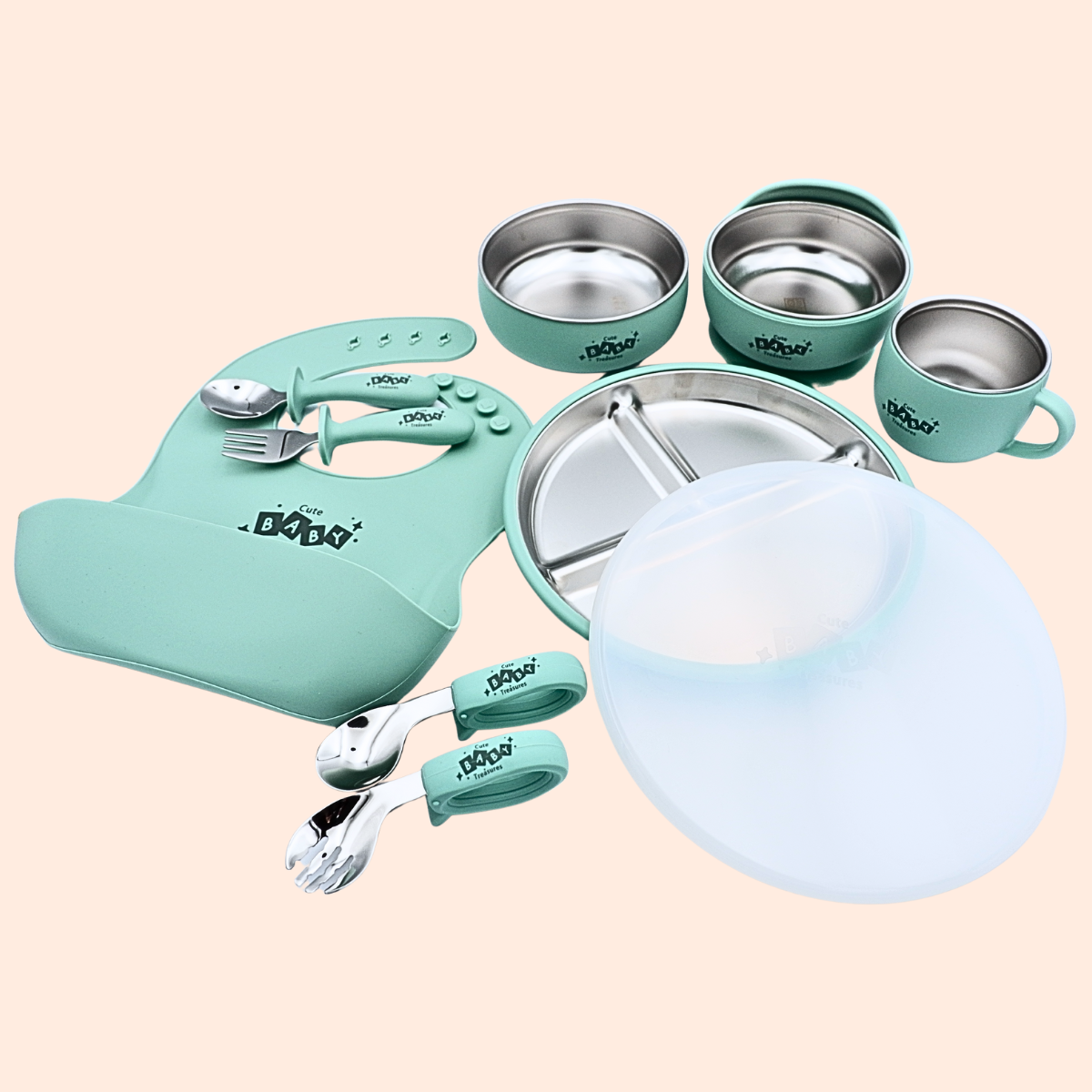 10pcs Stainless Steel Feeding Set With Lid (20cm Plate)