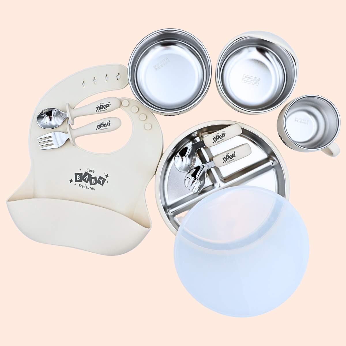 10pcs Stainless Steel Feeding Set With Lid (20cm Plate)