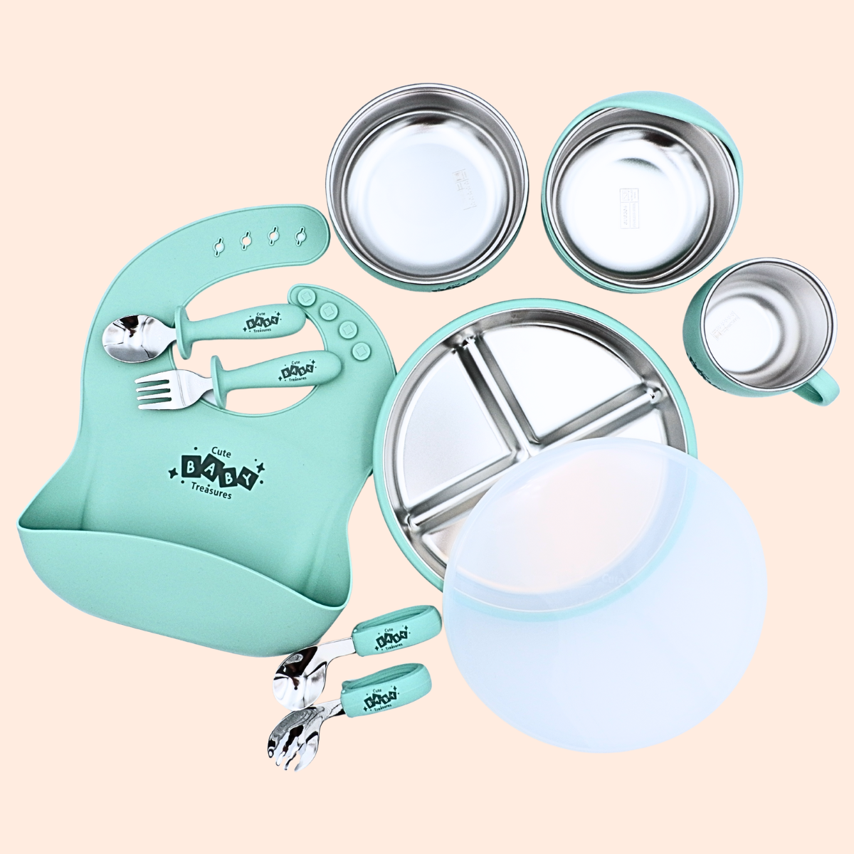 10pcs Stainless Steel Feeding Set With Lid (20cm Plate)