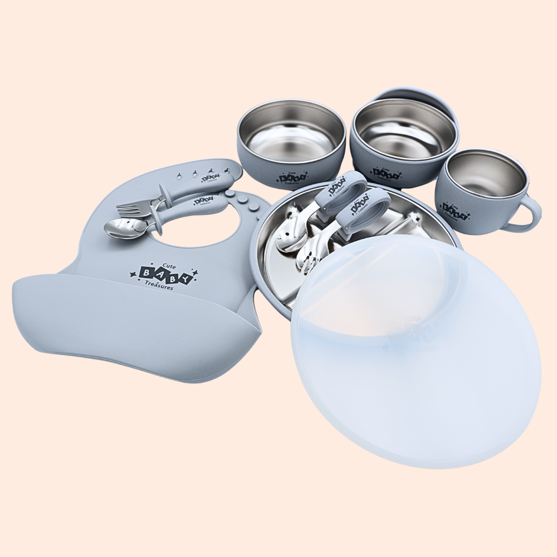 10pcs Stainless Steel Feeding Set With Lid (20cm Plate)