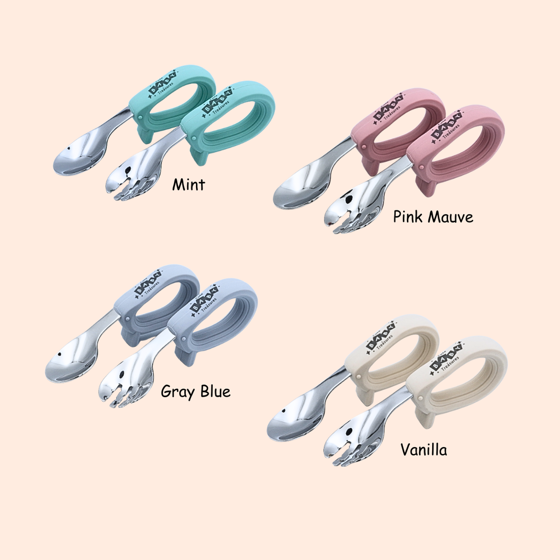 Toddler Stainless Steel Cutlery Set with Round Silicone Handle - Cute Baby Treasures