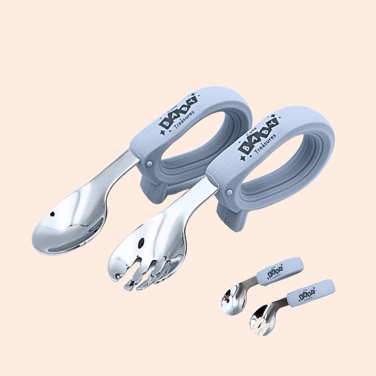 Toddler Stainless Steel Cutlery Set with Round Silicone Handle - Cute Baby Treasures
