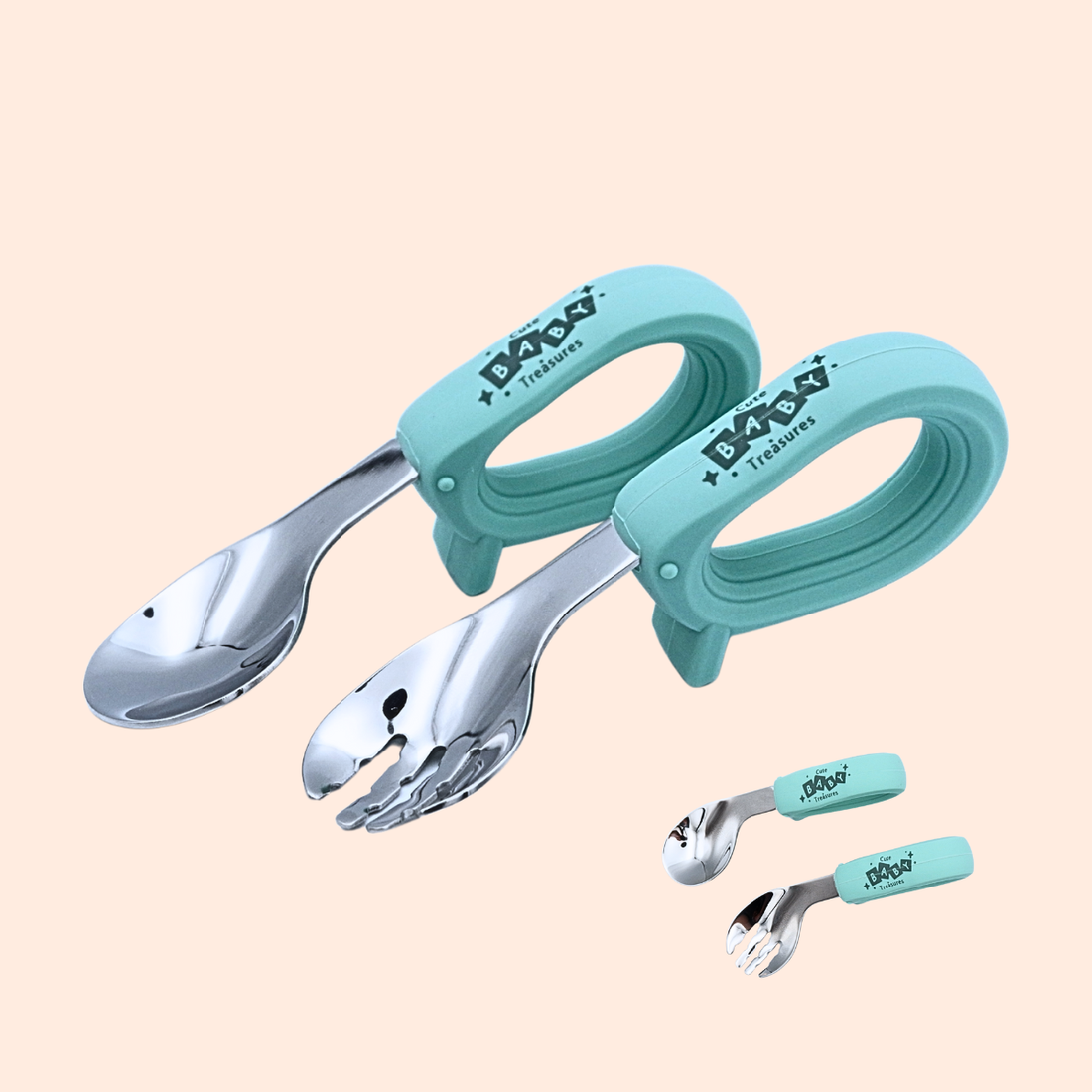 Toddler Stainless Steel Cutlery Set with Round Silicone Handle - Cute Baby Treasures