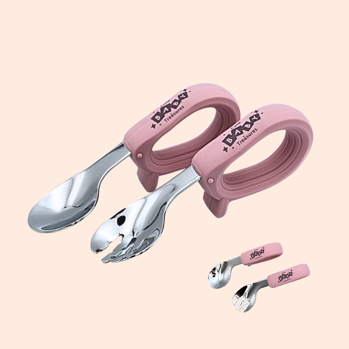 Toddler Stainless Steel Cutlery Set with Round Silicone Handle - Cute Baby Treasures